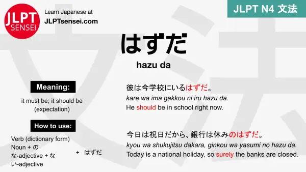 hazu da はずだ jlpt n4 grammar meaning 文法 例文 japanese flashcards