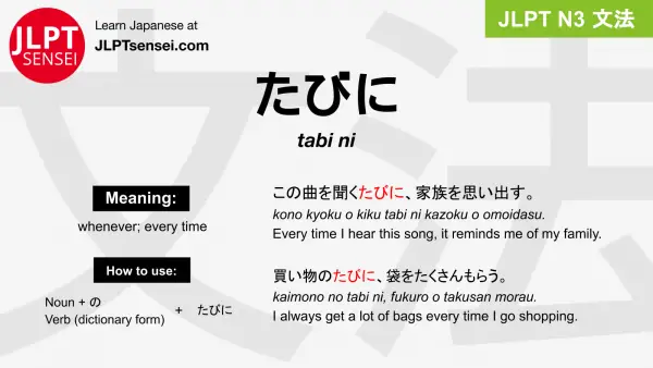tabi ni たびに jlpt n3 grammar meaning 文法 例文 japanese flashcards