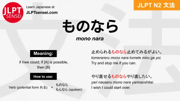 mono nara ものなら jlpt n2 grammar meaning 文法 例文 japanese flashcards