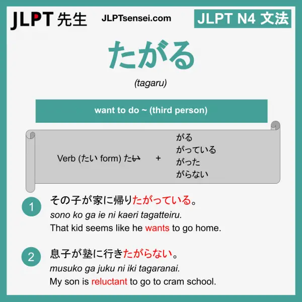 N4 Grammar: たがる (tagaru) Learn Japanese | JLPT Sensei