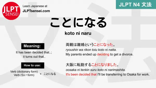 koto ni naru ことになる ことになる jlpt n4 grammar meaning 文法 例文 japanese flashcards