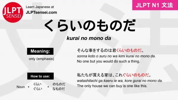 kurai no mono da くらいのものだ jlpt n1 grammar meaning 文法 例文 japanese flashcards
