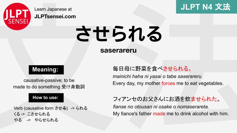 saserareru させられる jlpt n4 grammar meaning 文法 例文 japanese flashcards