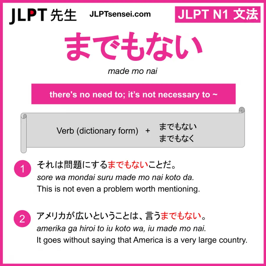 Jlpt N1 Grammar までもない までもなく Made Mo Nai Made Mo Naku Meaning Jlptsensei Com