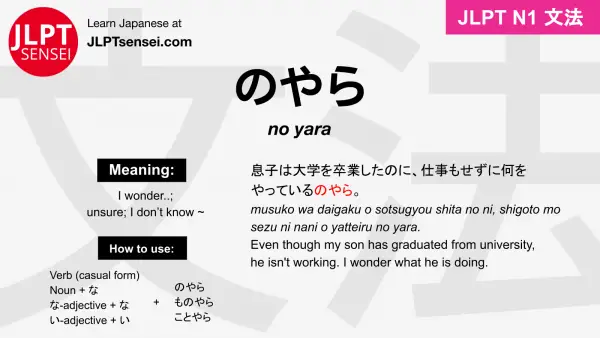 no yara のやら jlpt n1 grammar meaning 文法 例文 japanese flashcards