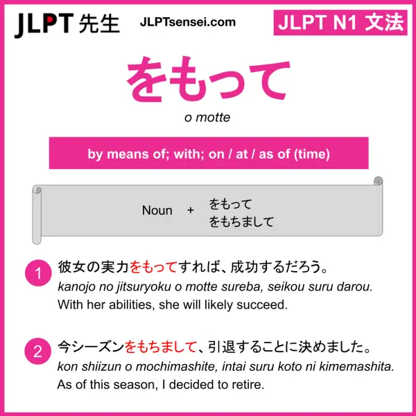 JLPT N1 Grammar: をもって / をもちまして (o motte / o mochimashite) Meaning ...