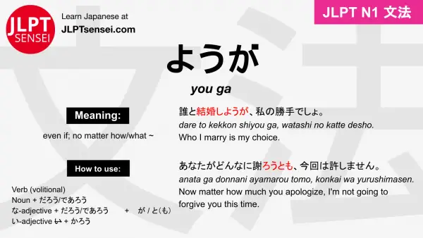 you ga ようが jlpt n1 grammar meaning 文法 例文 japanese flashcards
