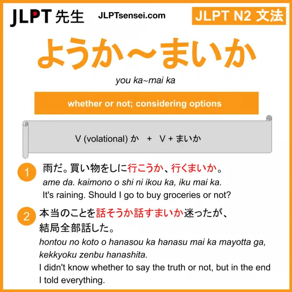 JLPT N2 Grammar: ようか~まいか (you ka~mai ka) Meaning – JLPTsensei.com