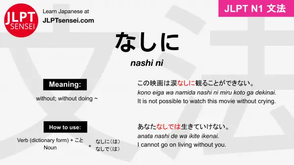 JLPT N1 Grammar: なしに / なしで (nashi ni / nashi de) Meaning – JLPTsensei.com