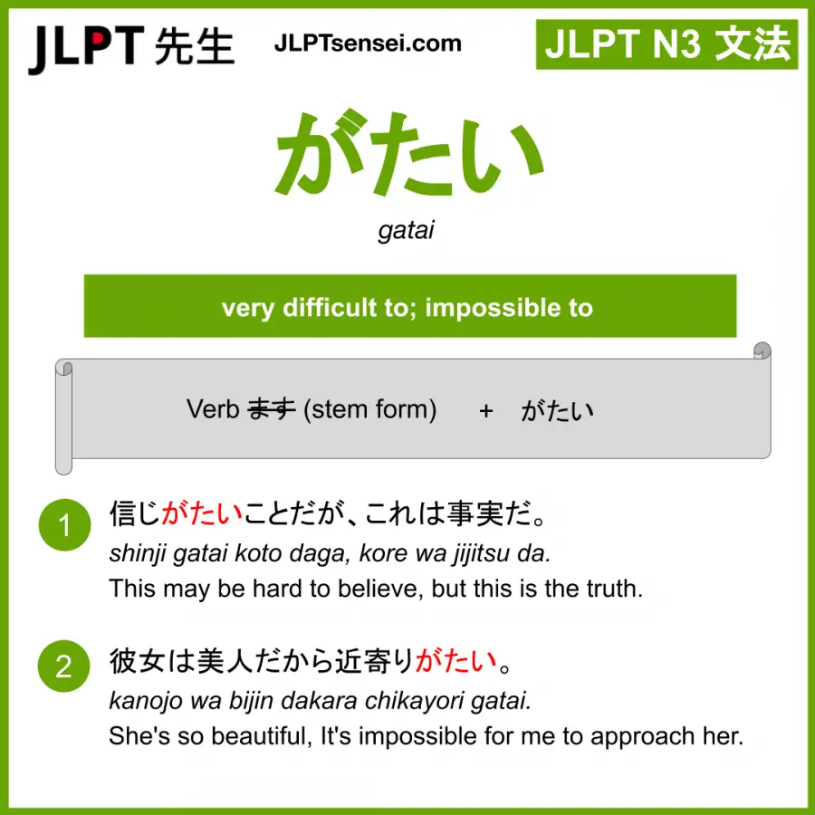 Jlpt N3 Grammar がたい Gatai Meaning Jlptsensei Com