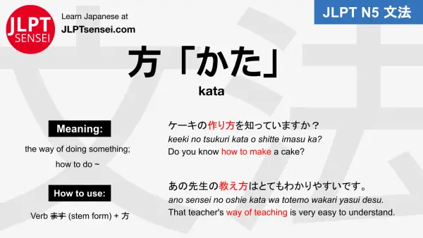 kata 方 かた jlpt n5 grammar meaning 文法例文 japanese flashcards