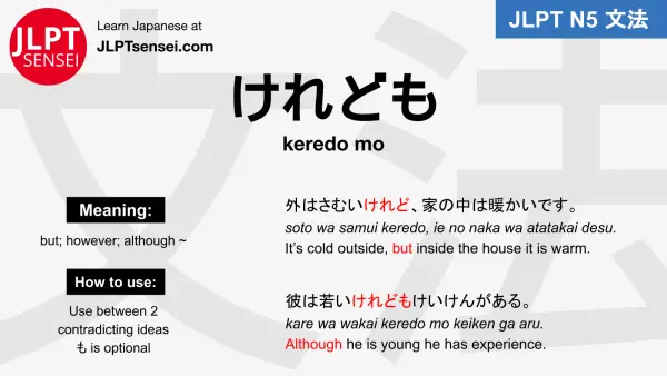 keredo mo けれども jlpt n5 grammar meaning 文法例文 japanese flashcards