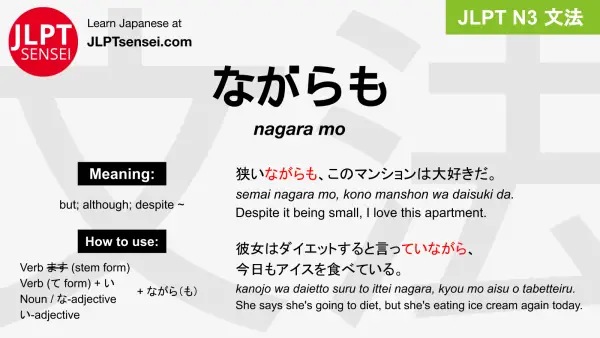 nagara mo ながらも jlpt n3 grammar meaning 文法 例文 japanese flashcards