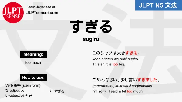 JLPT N5 Grammar: すぎる (sugiru) Meaning – JLPTsensei.com