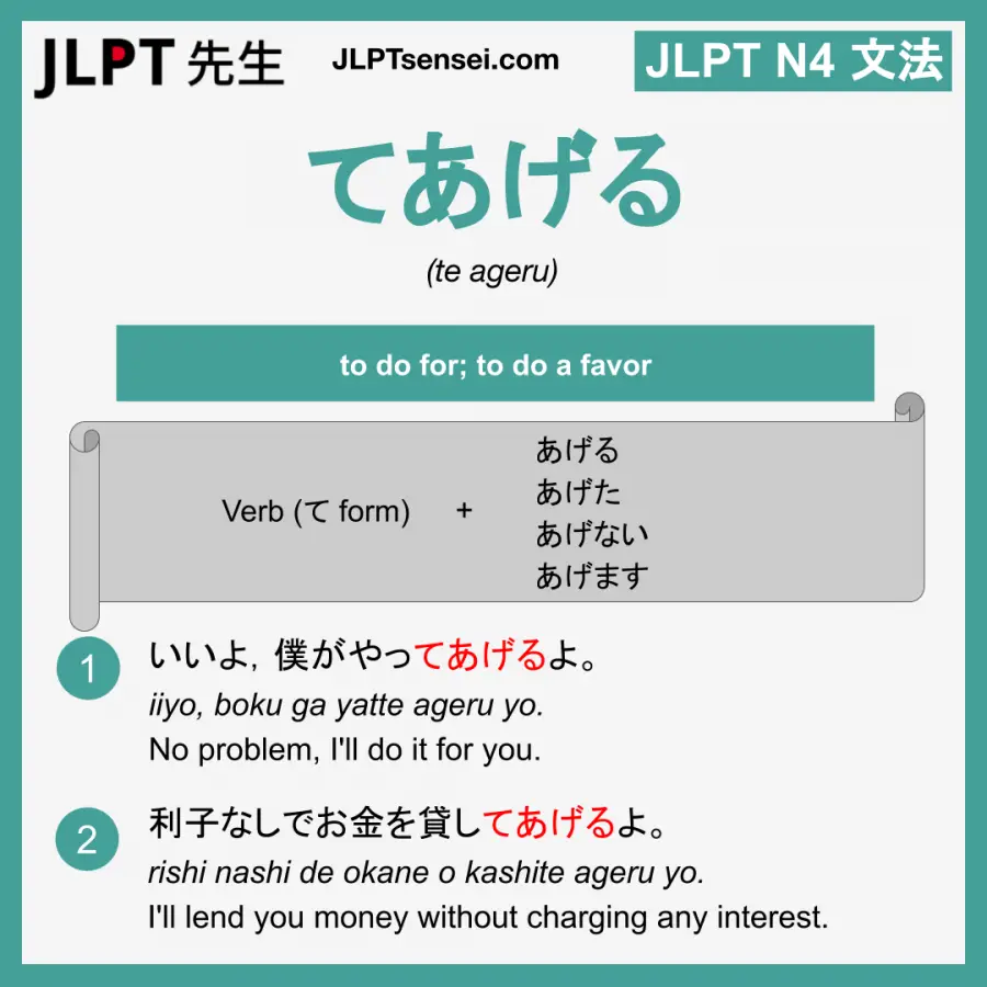 Jlpt N4 Grammar てあげる Te Ageru Meaning Jlptsensei Com