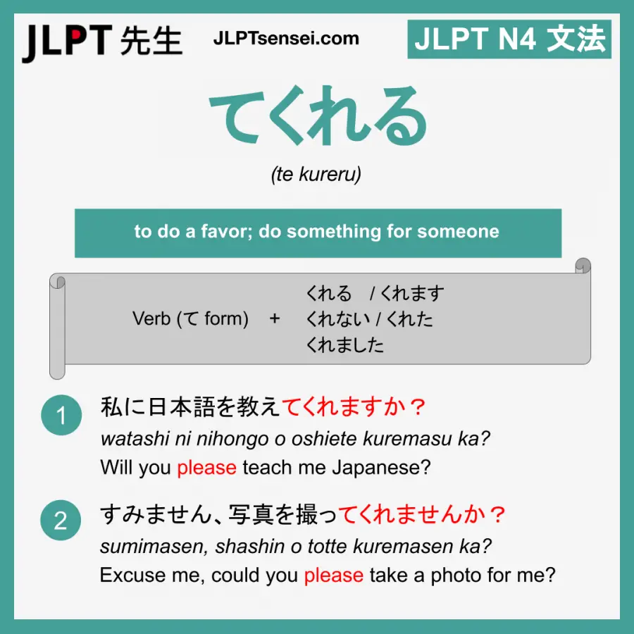 Jlpt N4 Grammar てくれる Te Kureru Meaning Jlptsensei Com