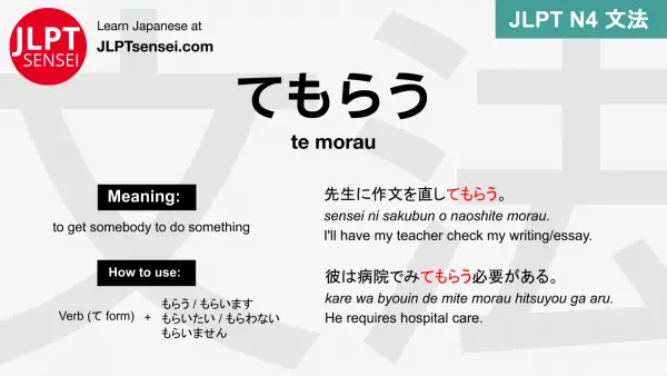 te morau てもらう てもらう jlpt n4 grammar meaning 文法 例文 japanese flashcards