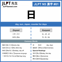 01 日 kanji meaning - JLPT N5 Kanji Flashcard