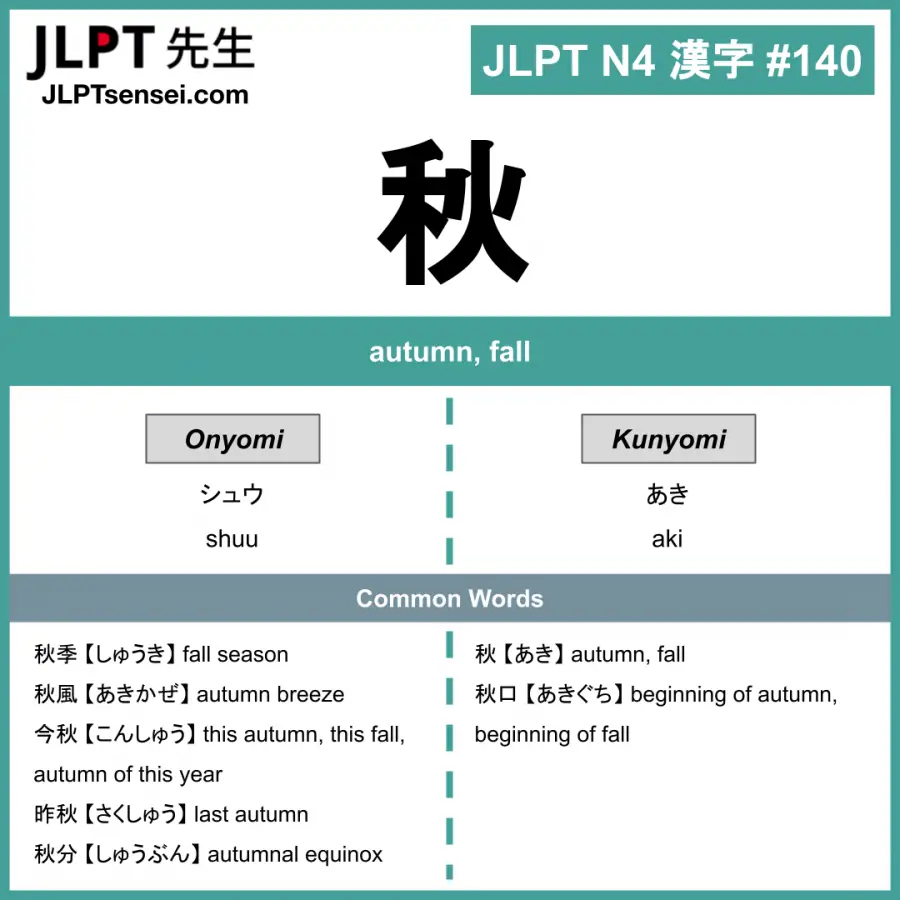 Jlpt N4 Kanji 秋 Shuu Aki Autumn Jlptsensei Com