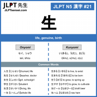 21 生 kanji meaning - JLPT N5 Kanji Flashcard