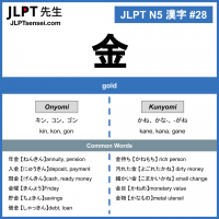 28 金 kanji meaning - JLPT N5 Kanji Flashcard