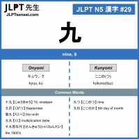 29 九 kanji meaning - JLPT N5 Kanji Flashcard