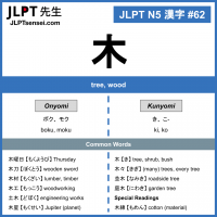 62 木 kanji meaning - JLPT N5 Kanji Flashcard