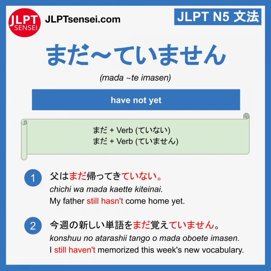 Jlpt N5 Grammar まだ ていません Mada Te Imasen Meaning Jlptsensei Com