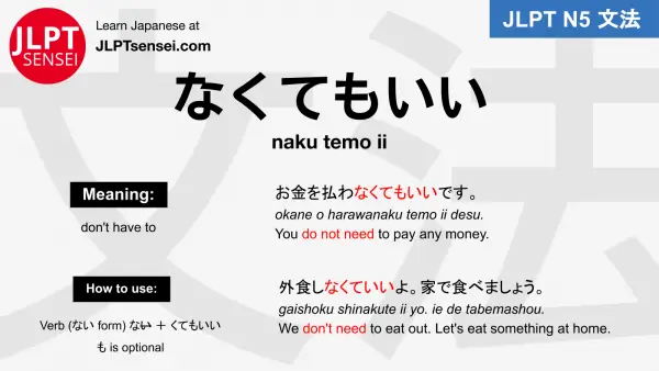 naku temo ii なくてもいい jlpt n5 grammar meaning 文法例文 japanese flashcards