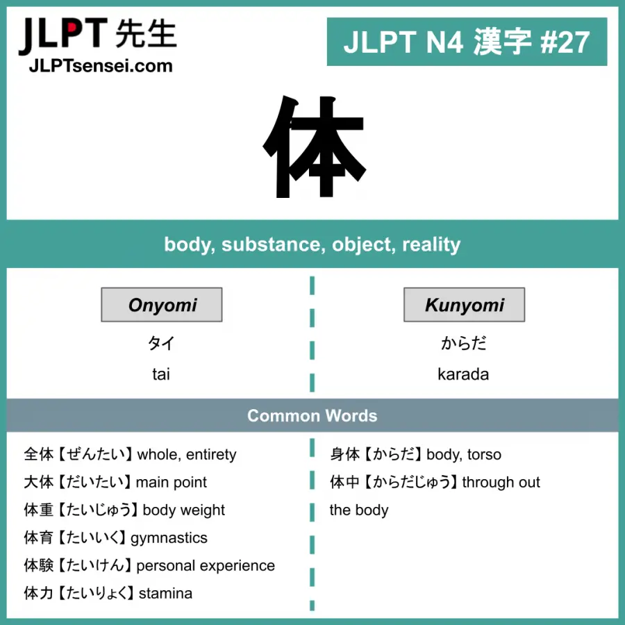 JLPT N4 Kanji: 体 (tai, karada) body – JLPTsensei.com