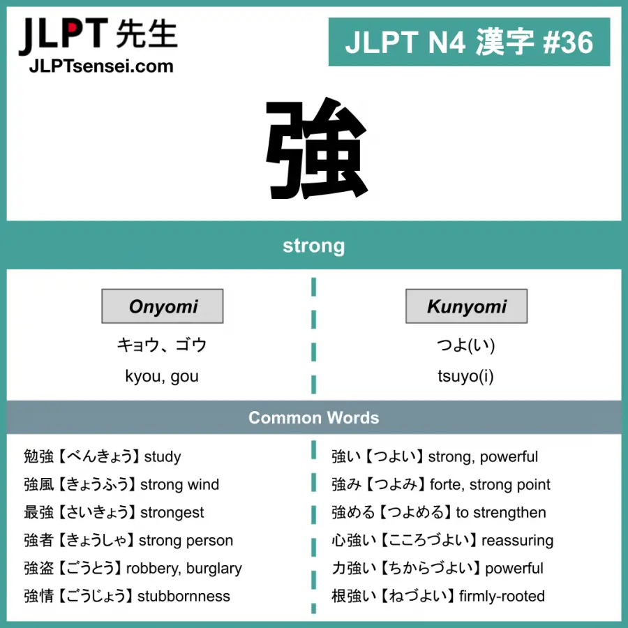 Jlpt N4 Kanji 強 Kyou Tsuyoi Strong Jlptsensei Com Jlpt N4 Kanji 強 Kyou Tsuyoi Strong Jlptsensei Com