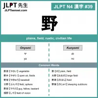 039 野 kanji meaning - JLPT N4 Kanji Flashcard