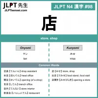 098 店 kanji meaning - JLPT N4 Kanji Flashcard