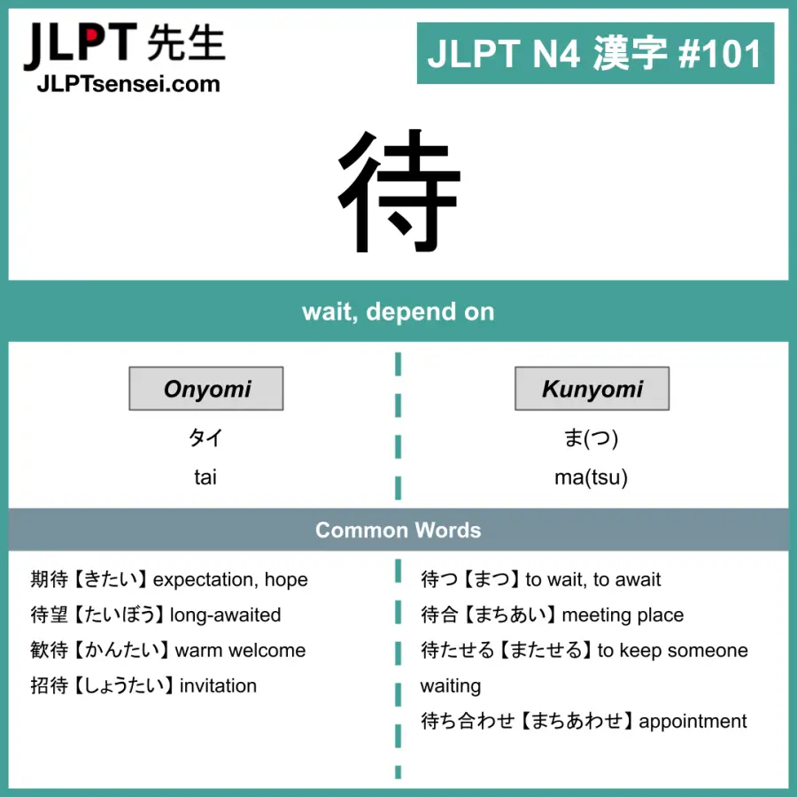 JLPT N4 Kanji: 待 (tai, matsu) wait – JLPTsensei.com