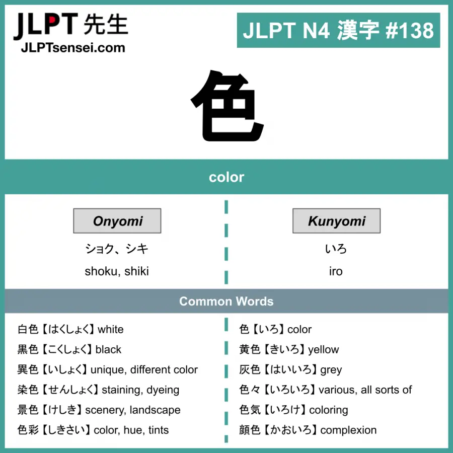 JLPT N4 Kanji: 色 (shoku, iro) color – JLPTsensei.com