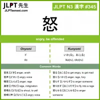 345 怒 kanji meaning JLPT N3 Kanji Flashcard