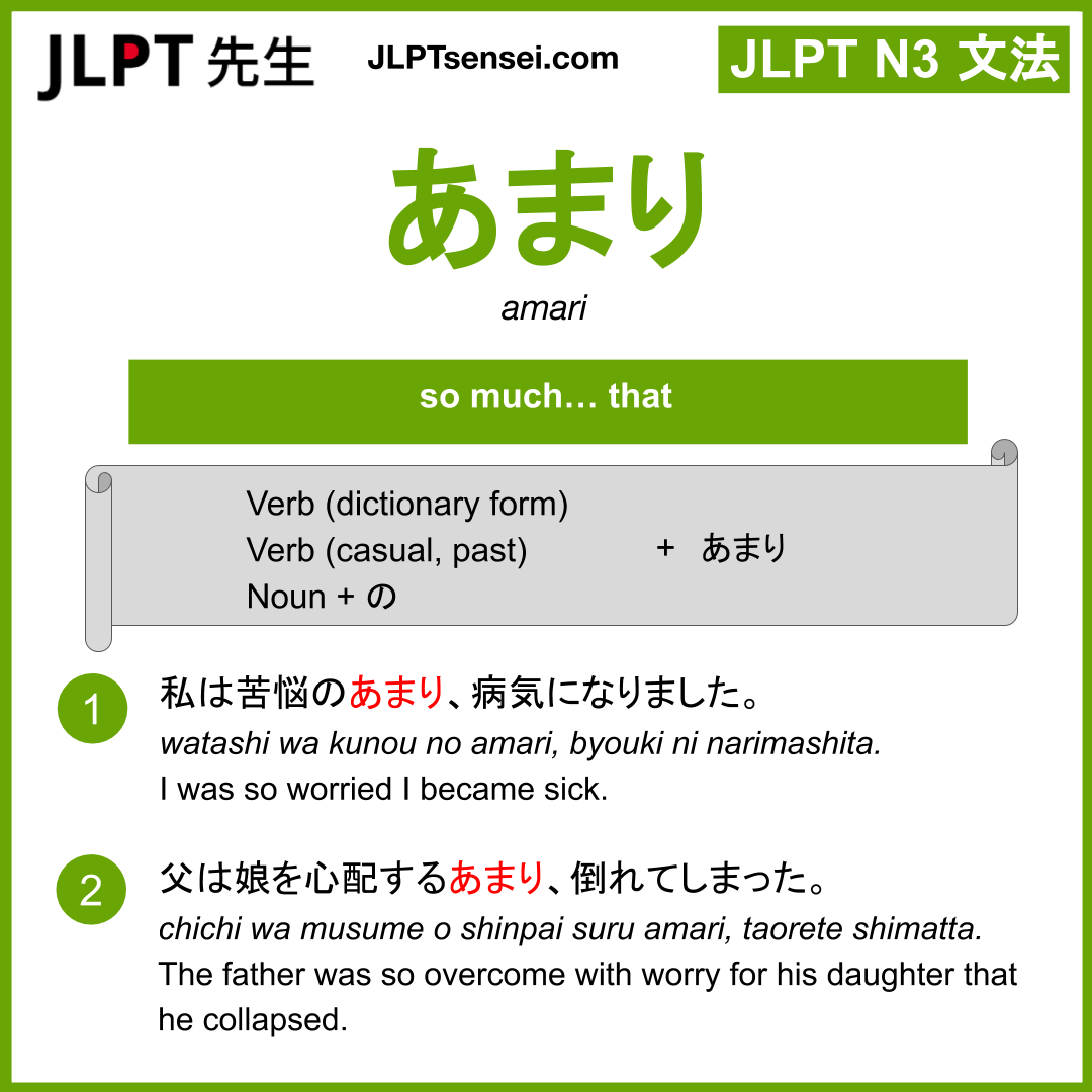 Amari あまり Jlpt N3 Grammar Meaning 文法 例文 Learn Japanese Flashcards Jlpt Sensei