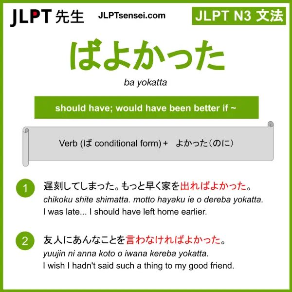 JLPT N3 Grammar: ばよかった (ba yokatta) Meaning – JLPTsensei.com