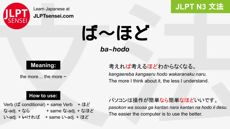 ba~hodo ば～ほど jlpt n3 grammar meaning 文法 例文 japanese flashcards