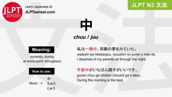 chuu 中 ちゅう jlpt n3 grammar meaning 文法 例文 japanese flashcards