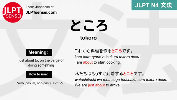 tokoro ところ ところ jlpt n4 grammar meaning 文法 例文 japanese flashcards