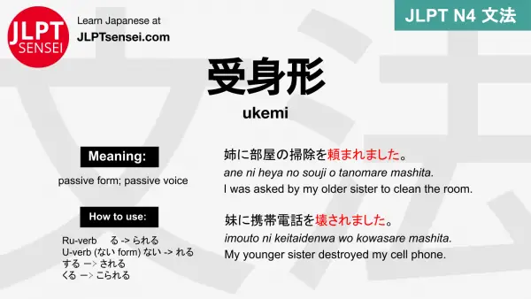 ukemi 受身形 うけみ jlpt n4 grammar meaning 文法 例文 japanese flashcards