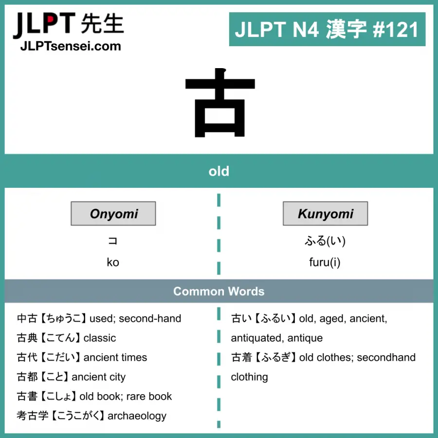 JLPT N4 Kanji: 古 (ko, furui) meaning: old – JLPTsensei.com