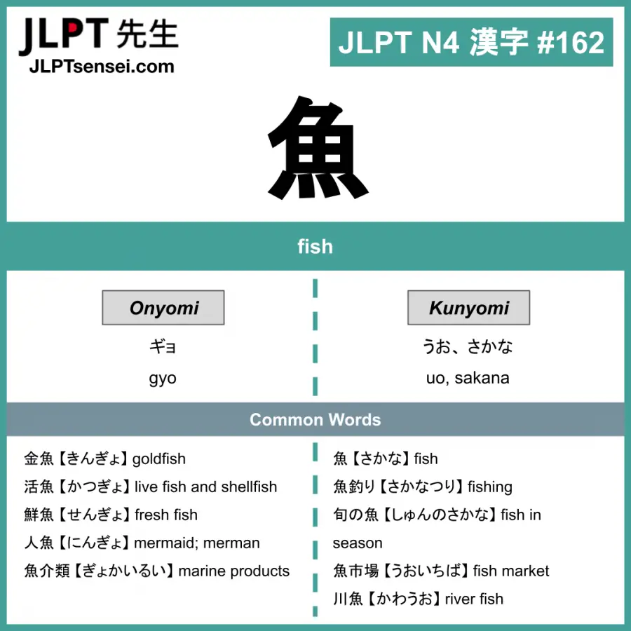 Jlpt N4 Kanji 魚 Gyo Sakana Meaning Fish Jlptsensei Com