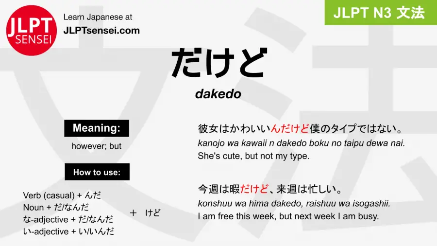 dakedo だけど jlpt n3 grammar meaning 文法 例文 japanese flashcards
