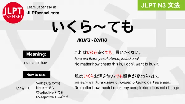 ikura~temo いくら～ても jlpt n3 grammar meaning 文法 例文 japanese flashcards