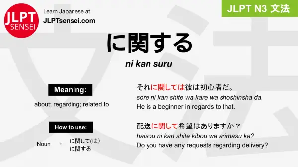 ni kan suru に関する にかんする jlpt n3 grammar meaning 文法 例文 japanese flashcards