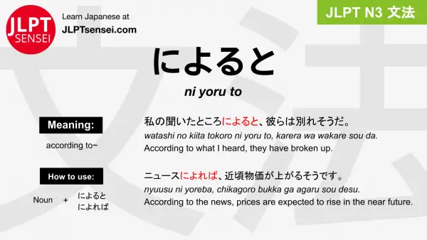ni yoru to によると jlpt n3 grammar meaning 文法 例文 japanese flashcards