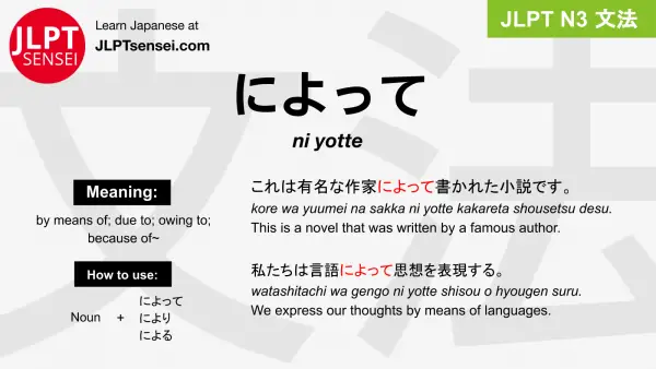 ni yotte によって jlpt n3 grammar meaning 文法 例文 japanese flashcards