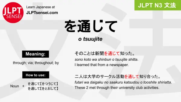 o tsuujite を通じて をつうじて jlpt n3 grammar meaning 文法 例文 japanese flashcards